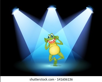 Illustration of a frog smiling in the middle of the stage