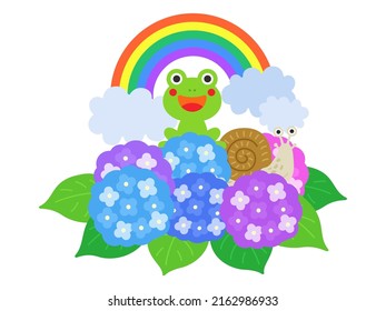 Ilustración de una rana y un caracol en una flor de horangea.