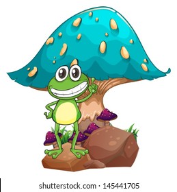 Illustration of a frog standing above the rock below the giant mushroom on a white background 