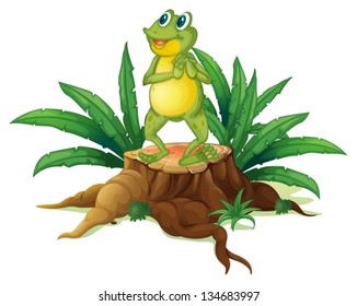 Illustration of a frog standing above a trunk on a white background