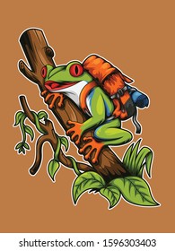 Illustration of frog tree carrying a backpack is climbing a tree