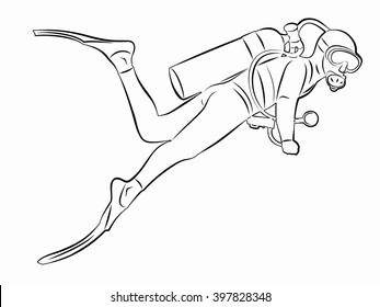 illustration frogman , black and white drawing, white background