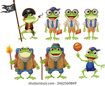 Illustration of frogs dressed in different costumes