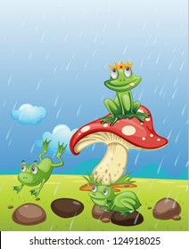 Illustration of frogs playing in the rain