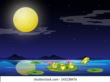 Illustration of the frogs at the waterlilies in the river