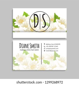 illustration of front and back of corporate business card with floral design