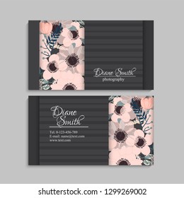 illustration of front and back of corporate business card with floral design