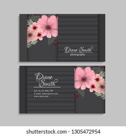 illustration of front and back of corporate business card with floral design