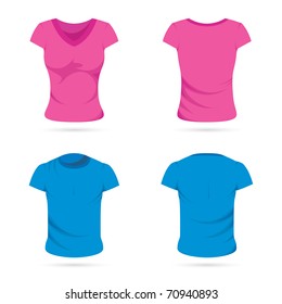 illustration of front and back view of male and female t-shirts