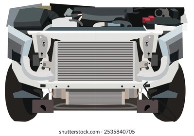 Ilustração da frente de um carro com o capô aberto. Os componentes visíveis incluem o radiador, responsável pelo arrefecimento do motor. Ilustração plana de vetor