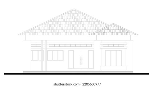 Illustration of the front façade of a two story bungalow with a modern design drawn using CAD. Drawn in black and white.
