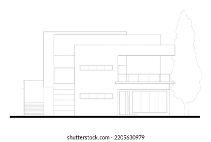 Illustration of the front façade of a two story bungalow with a modern design drawn using CAD. Drawn in black and white.
