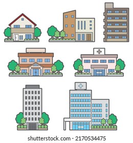 Illustration of the front of various buildings.