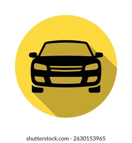 Illustration of a front view of a sleek, black car icon with long shadow. The vehicle is centered on a vibrant yellow circle background.
