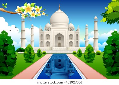 illustration of front view of taj mahal with lake and garden