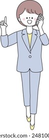 Illustration of a front view woman in a suit explaining a point while on the phone