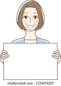 Illustration of a front-facing woman with a white board with a smile.