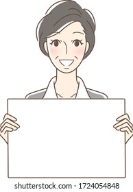 Illustration of a front-facing woman with a white board with a smile.