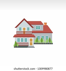 illustration of a front-view house building with vector doors, windows and roofs