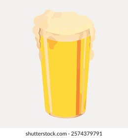 Illustration of a frothy beer glass filled with golden beer. The beer glass shows foam overflowing. Beer glass and foam create a refreshing look. Vintage art drawing, isolated vector element.