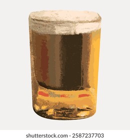 Illustration of a frothy beer glass. The beer is golden with a thick foam head. The beer glass is full, showcasing a refreshing drink. Beer, foam, glass. Vintage art illustration, vector.