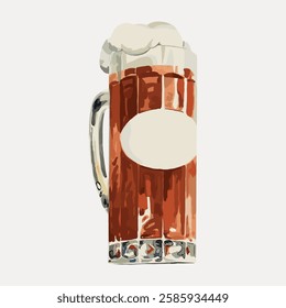 Illustration of a frothy beer mug filled with beer. The mug is tall with a handle. The frothy beer is brown with a white foam head. mug art. Vintage art illustration, vector.