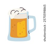 Illustration of a frothy beer mug with golden liquid and bubbles, simple flat graphic style on white background. Concept of beverages and celebration. Vector illustration