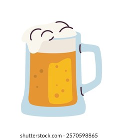 Illustration of a frothy beer mug with golden liquid and bubbles, simple flat graphic style on white background. Concept of beverages and celebration. Vector illustration