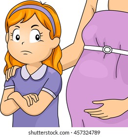 Illustration of a Frowning Girl Jealous of the Coming Baby