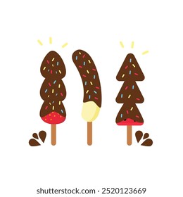illustration of frozen fruit covered in melted chocolate, strawberries, bananas, watermelon with copy space