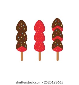 Ilustración de palitos de fruta congelados cubiertos de chocolate derretido con chispas