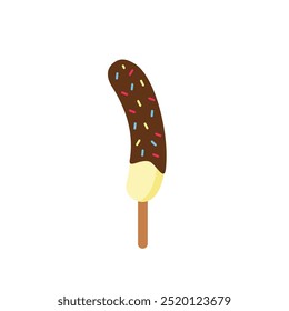 Ilustración de palitos de fruta congelados cubiertos de chocolate derretido con chispas