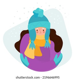 Illustration of a frozen girl, a woman in a warm hat wrapped up to her nose with a scarf, against the backdrop of a cold winter. Isolated flat style cartoon character for winter design, decor. Vector