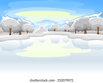 Illustration of a Frozen Lake Surrounded by Equally Frozen Trees