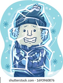 Illustration of a Frozen Man Feeling Very Cold From the Inside with Snowflakes