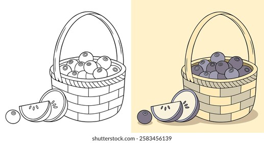 Illustration of a Fruit Basket Containing Grapes with a Sliced Fruit Piece