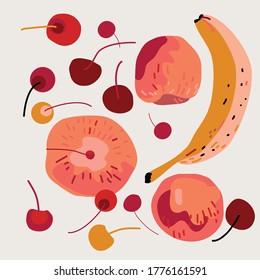 illustration with fruit and berries, vector design for paper, fabric.