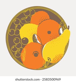 Illustration of a fruit bowl with pears, oranges, and grapes. Colorful fruit, vibrant pears, juicy oranges, and fresh grapes in a decorative bowl. Vintage fruit illustrations isolated, vector.