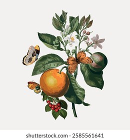 Illustration of a fruit branch with oranges, cherries, and butterflies. Detailed botanical art with butterflies, fruit, and leaves. Nature-themed design. Vintage art illustration, vector.