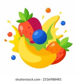 Explosão de fruta da ilustração. Um pouco de suco. Frutos tropicais doces e bagas de floresta mista. Ícone de vetor 3d realista definido em fundo branco