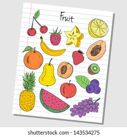 Illustration of fruit colored doodles on lined paper
