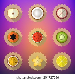 Illustration of Fruit Flat Vector Icon Set. Include apple,  lemon, papaya, star fruit, kiwi, water melon.