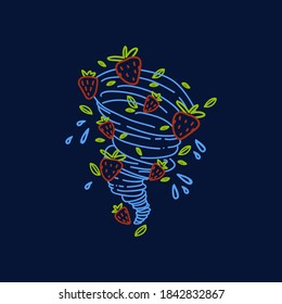 Illustration of a fruit mix drawn by hand. Vector concept of a Milk shake with strawberries in a swirl of milk. Cartoon illustration of a fruit mix in the Doodle style. . Vector illustration