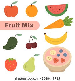 Illustration of fruit mix in flat style. Color illustration with set of fruits. EPS 10.