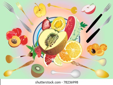 illustration with fruit pieces on table