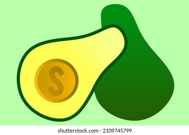 illustration of fruit prices going up high, depicted with avocados filled with coins