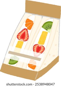 Illustration of fruit sandwich. The ingredients are plenty of fresh cream, oranges, kiwi, and strawberries. It's pineapple.