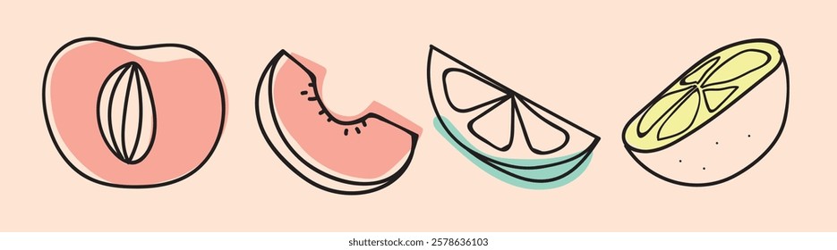 Illustration of fruit slices: peach, watermelon, lemon, and lime. Minimalist fruit design with pastel colors. Simple fruit art with clean lines. Summer illustrations, isolated element vector set.