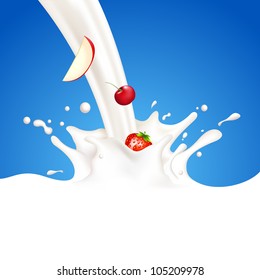 illustration of fruit in splashing milk on abstract background