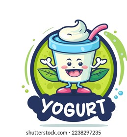 illustration of fruit yogurt on cup logo cute mascot ice cream gelato cartoon art design in vector flat outline color style